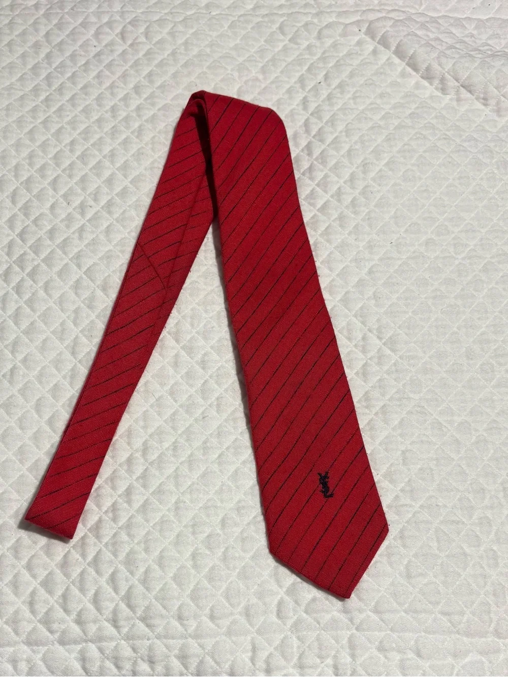 Yves Saint Laurent Vintage Red Pinstripe Silk Tie with YSL Embroidery
